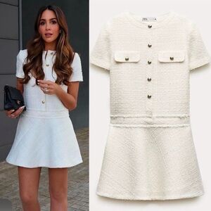 ZARA mini structured dress tweed metallic shimmer cream size small new gold